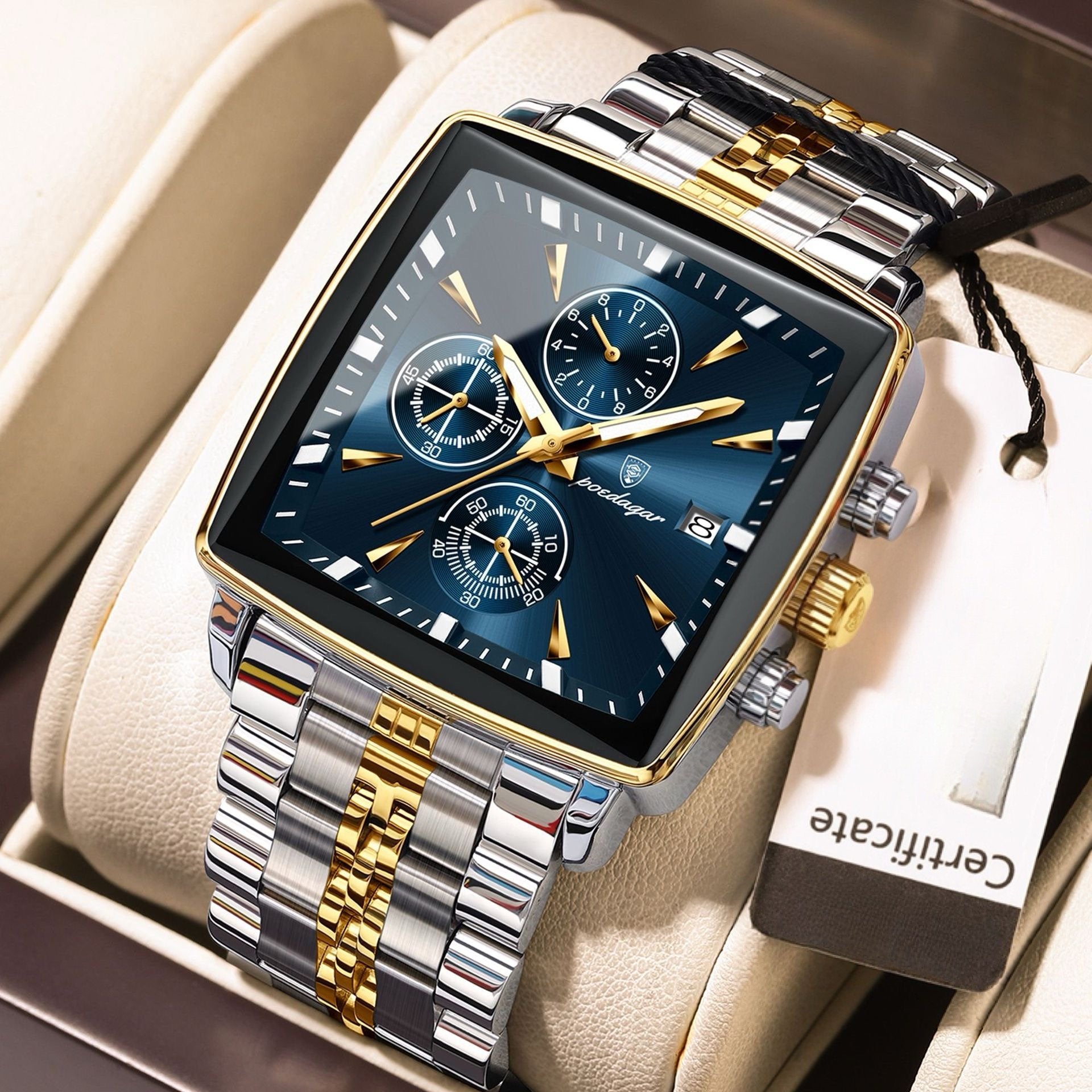 Men's Multifunctional Square Business Steel Band Quartz Watch