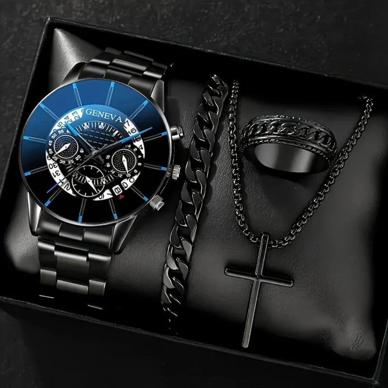 Luxury Men's Watch Gift Set with Glass Case and Quartz Movement
