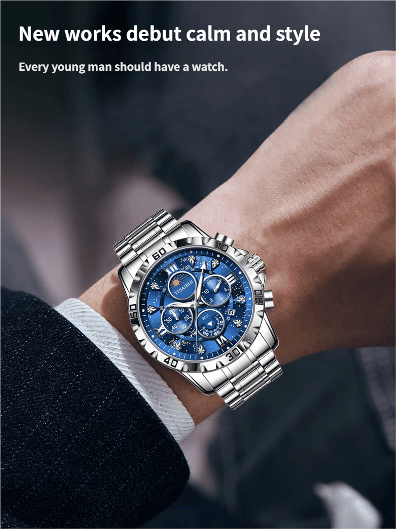 Luxury diamond-encrusted men's mechanical watch with Swiss-made movement, dual calendar, luminous and waterproof.