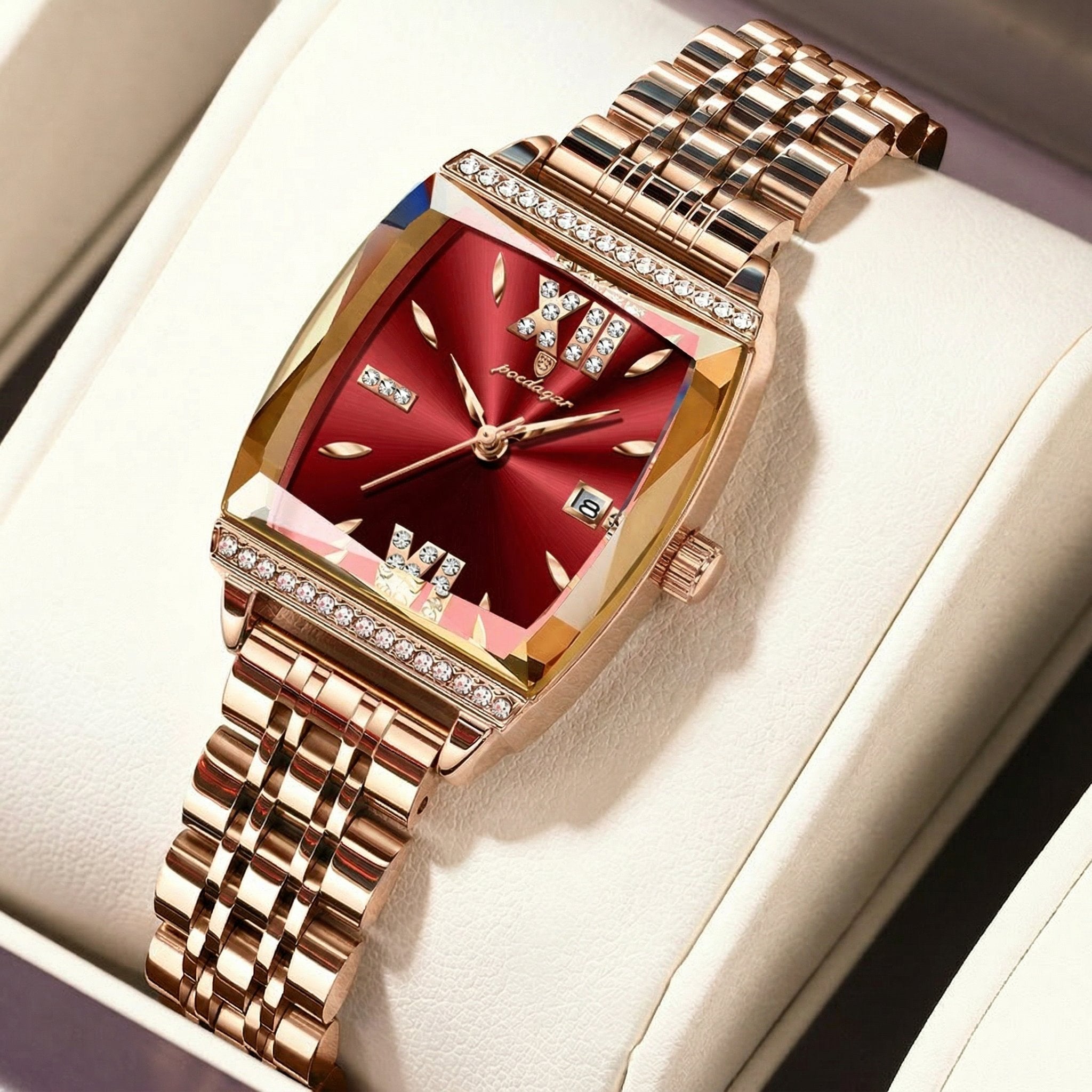 Diamond-set square ladies' water-resistant watch