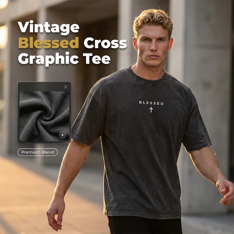 ✝️ Men's Vintage T-Shirt with Cross & Letter Print – Soft Cotton, Relaxed Fit & Perfect for a Classic Casual Look