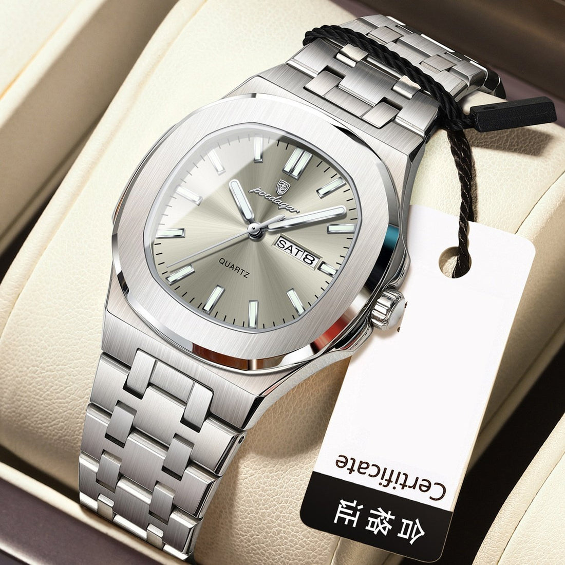 Square Quartz Watch with Water Resistance and Luminous Feature