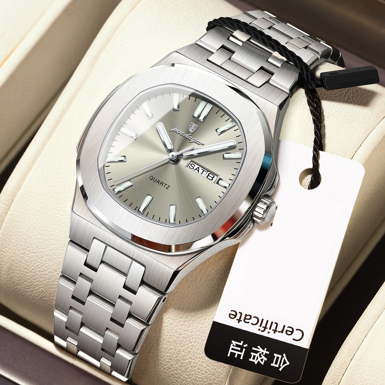 Square Quartz Watch with Water Resistance and Luminous Feature
