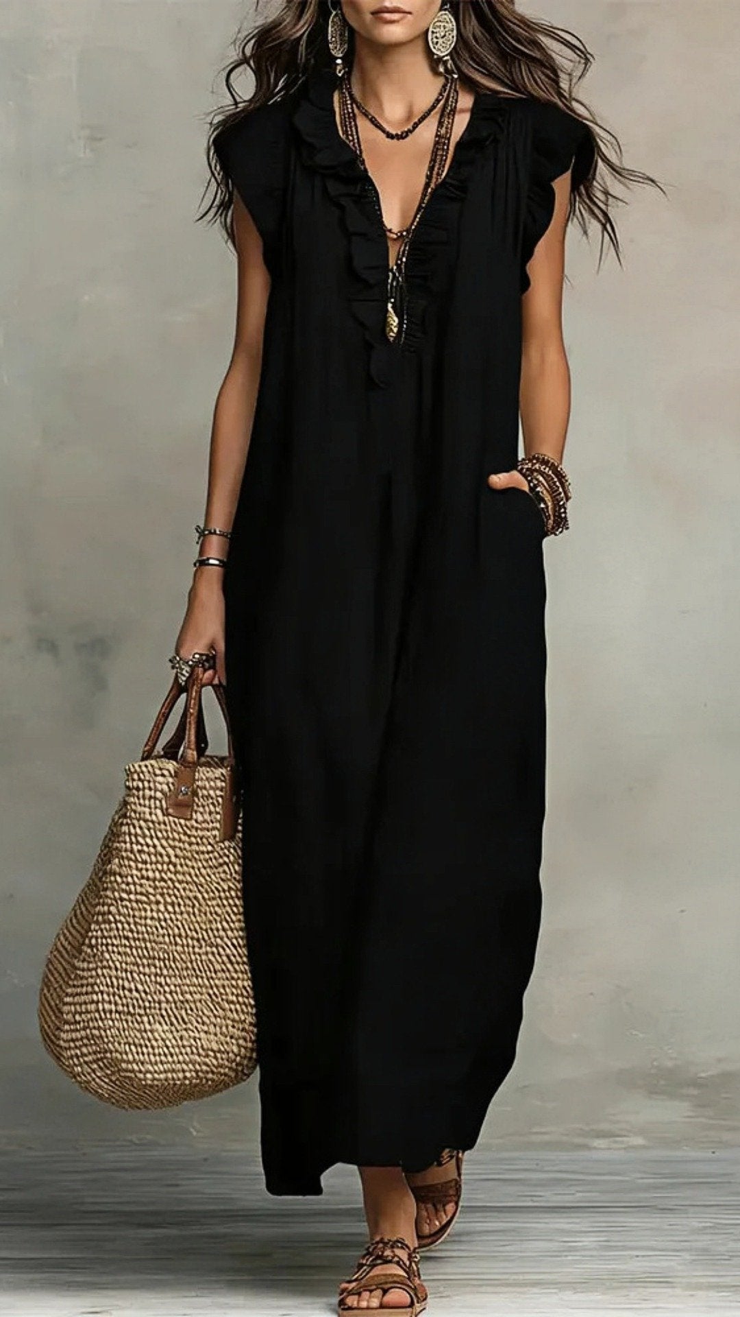 🌸 THE BOHO WANDERER MAXI: V‐NECK, RUFFLE HEM, SLEEVELESS – YOUR NEW HOLIDAY ESSENTIAL 🌸