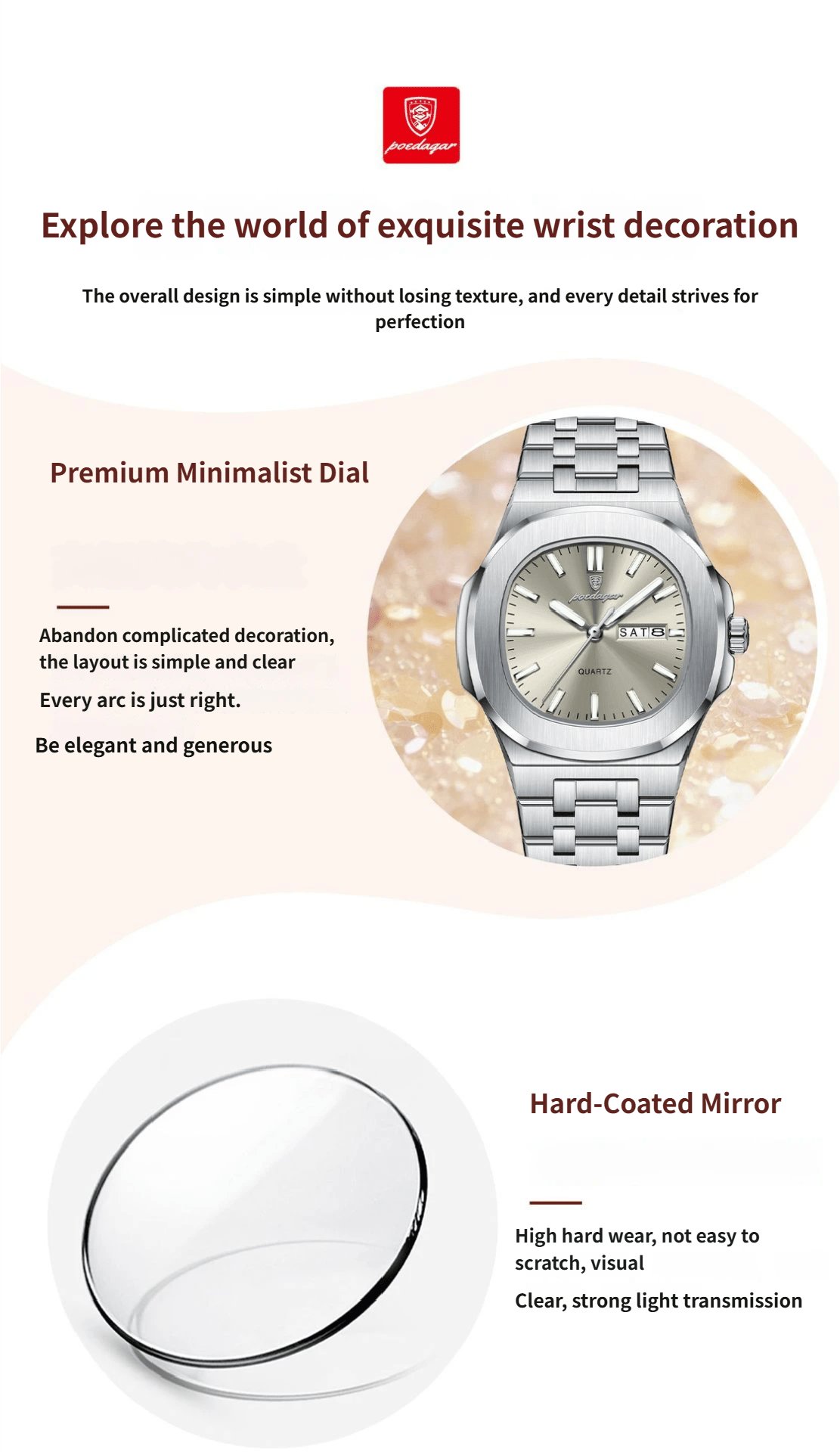 Square Quartz Watch with Water Resistance and Luminous Feature
