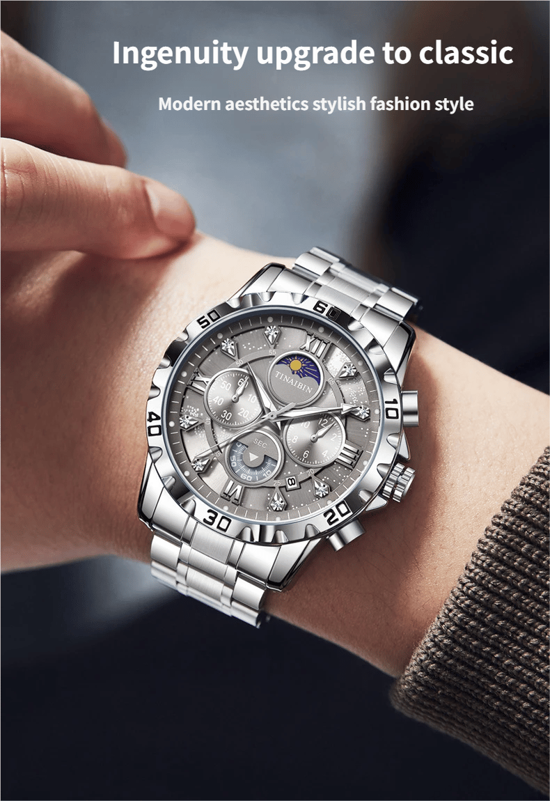 Luxury diamond-encrusted men's mechanical watch with Swiss-made movement, dual calendar, luminous and waterproof.