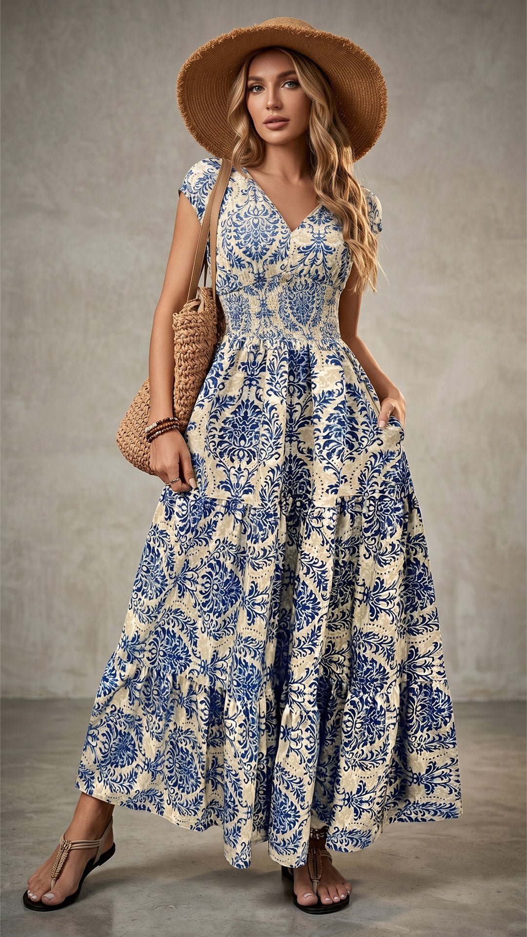 🌸 THE BOHEMIAN BLOOM MAXI: V-NECK, SHIRRED WAIST, ALL-OVER PRINT — YOUR SUMMER HOLIDAY DREAM DRESS 🌸