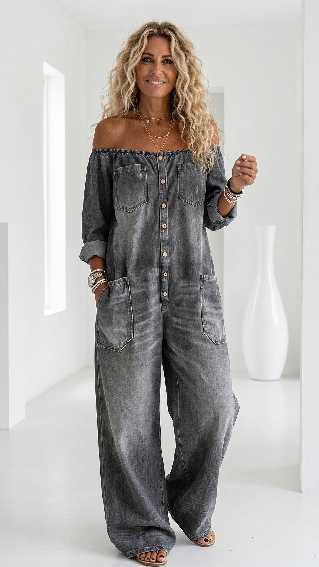 🤠 THE OFF-SHOULDER DENIM JUMPSUIT: VINTAGE WASH, RELAXED FIT, POCKETS FOR DAYS — YOUR NEW ONE-AND-DONE OUTFIT 🤠