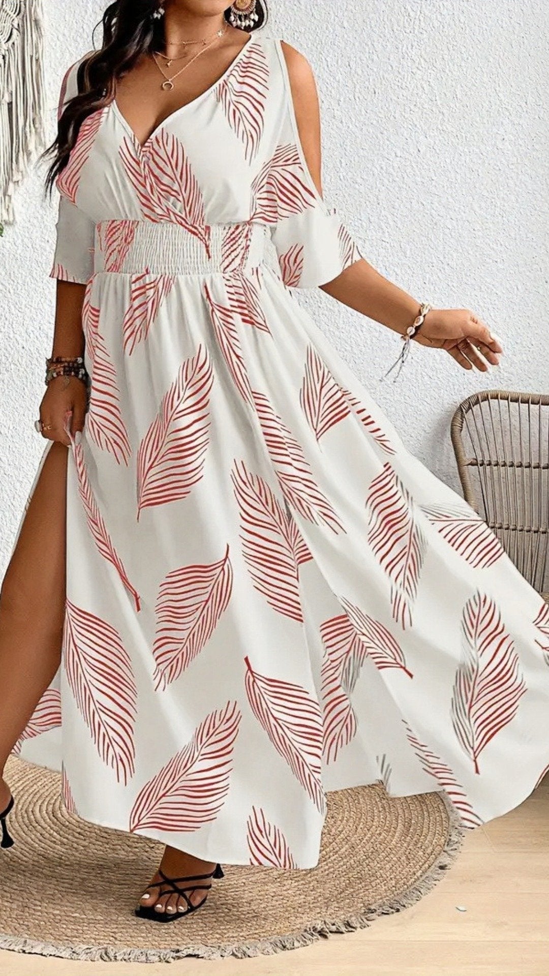 🌺 THE COLD SHOULDER MAXI: V-NECK, SIDE SPLIT, ALL-OVER PRINT — PLUS SIZE, PERFECTLY BOHO 🌺