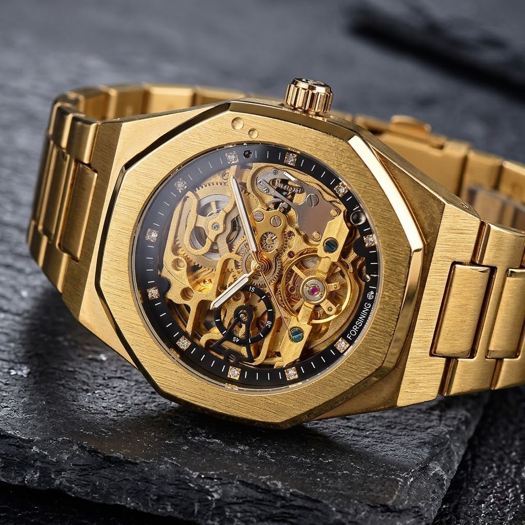 Men's Fully Automatic Mechanical Watch with Luminous Dial, Three Sub-dials, Six Hands, and Steel Bracelet