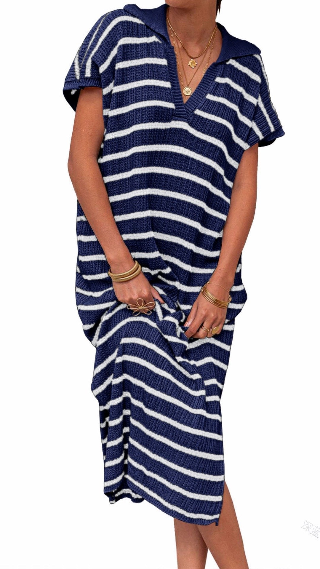 🌊 THE STRIPED KNIT COLLAR MAXI: SHORT SLEEVES, V-NECK, SIDE SLITS — EFFORTLESS SUMMER STYLE 🌊
