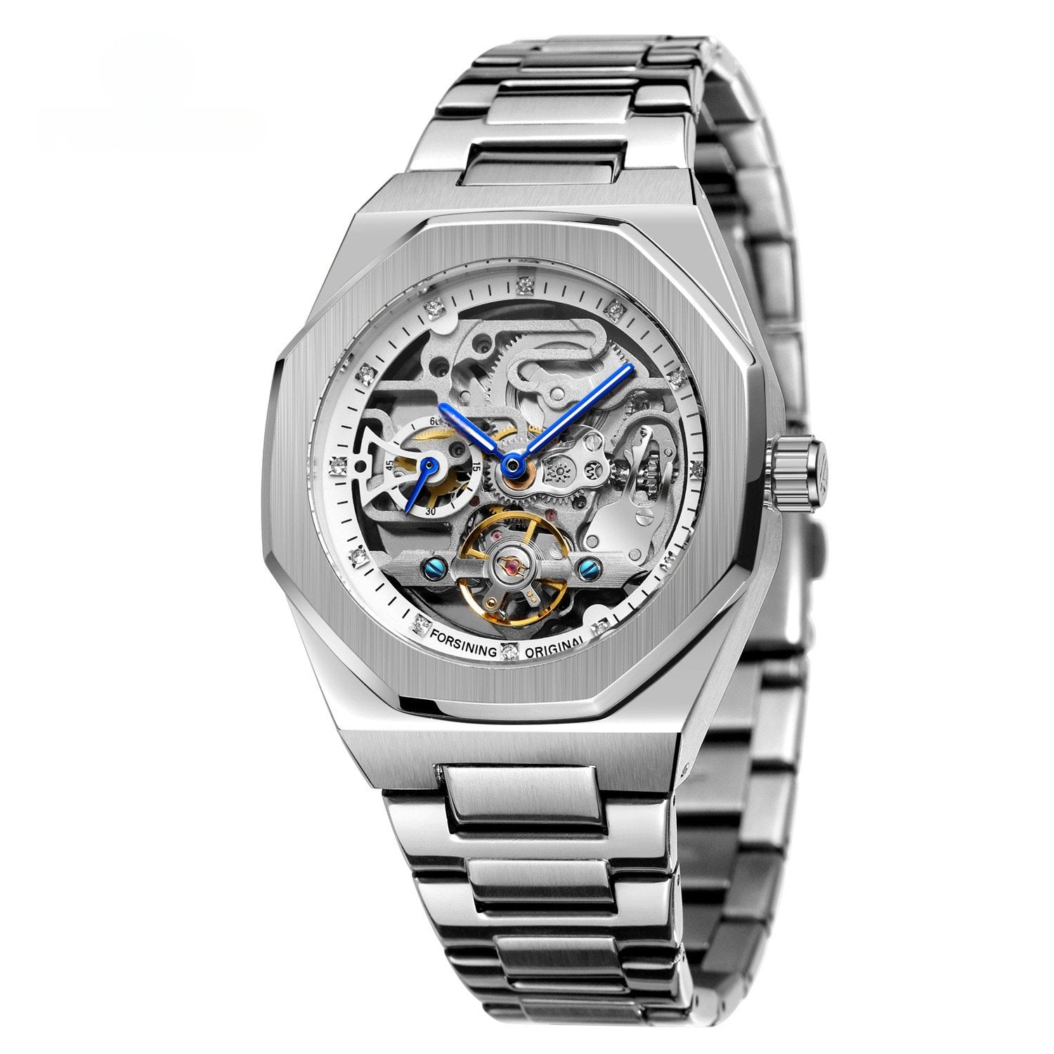 Men's Fully Automatic Mechanical Watch with Luminous Dial, Three Sub-dials, Six Hands, and Steel Bracelet