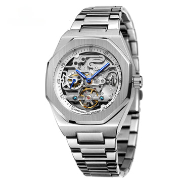 Men's Fully Automatic Mechanical Watch with Luminous Dial, Three Sub-dials, Six Hands, and Steel Bracelet