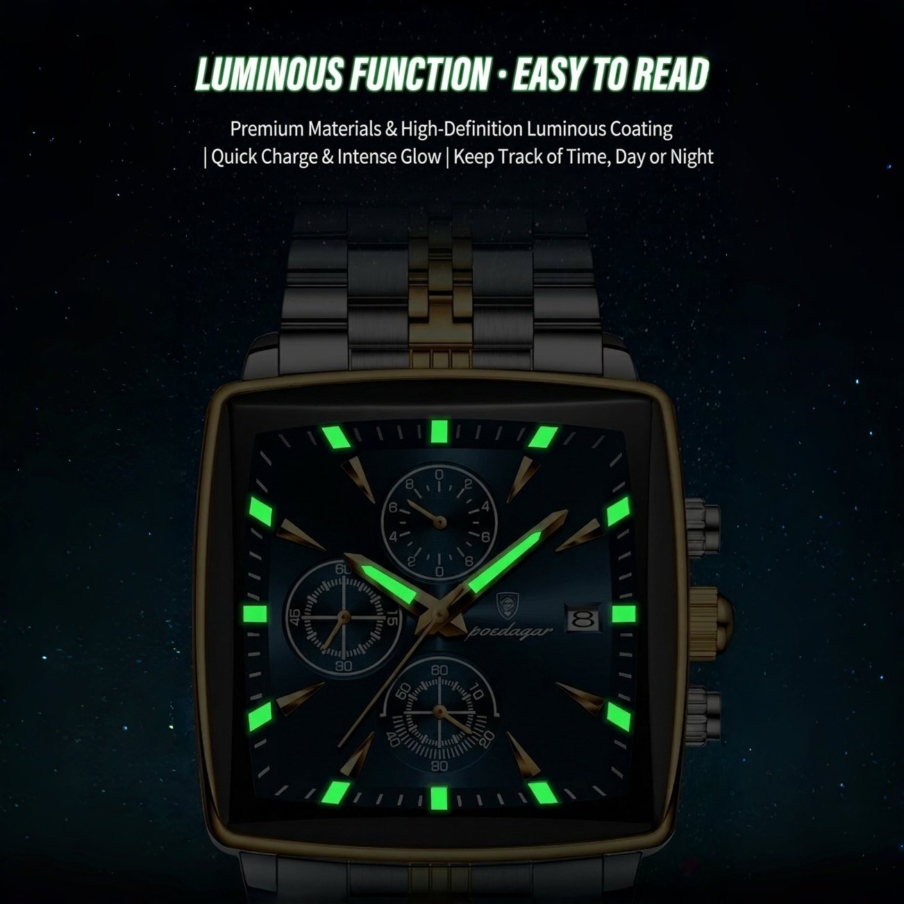 Men's Multifunctional Square Business Steel Band Quartz Watch