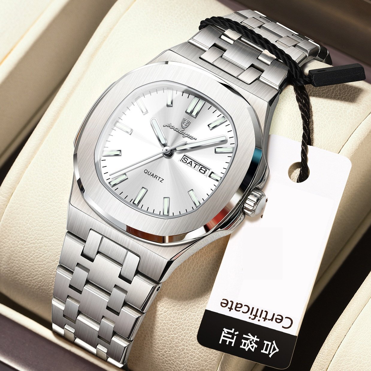 Square Quartz Watch with Water Resistance and Luminous Feature