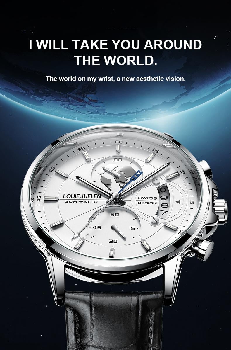 Elegant men's watch with globe design, 30m water resistant and luminous dial