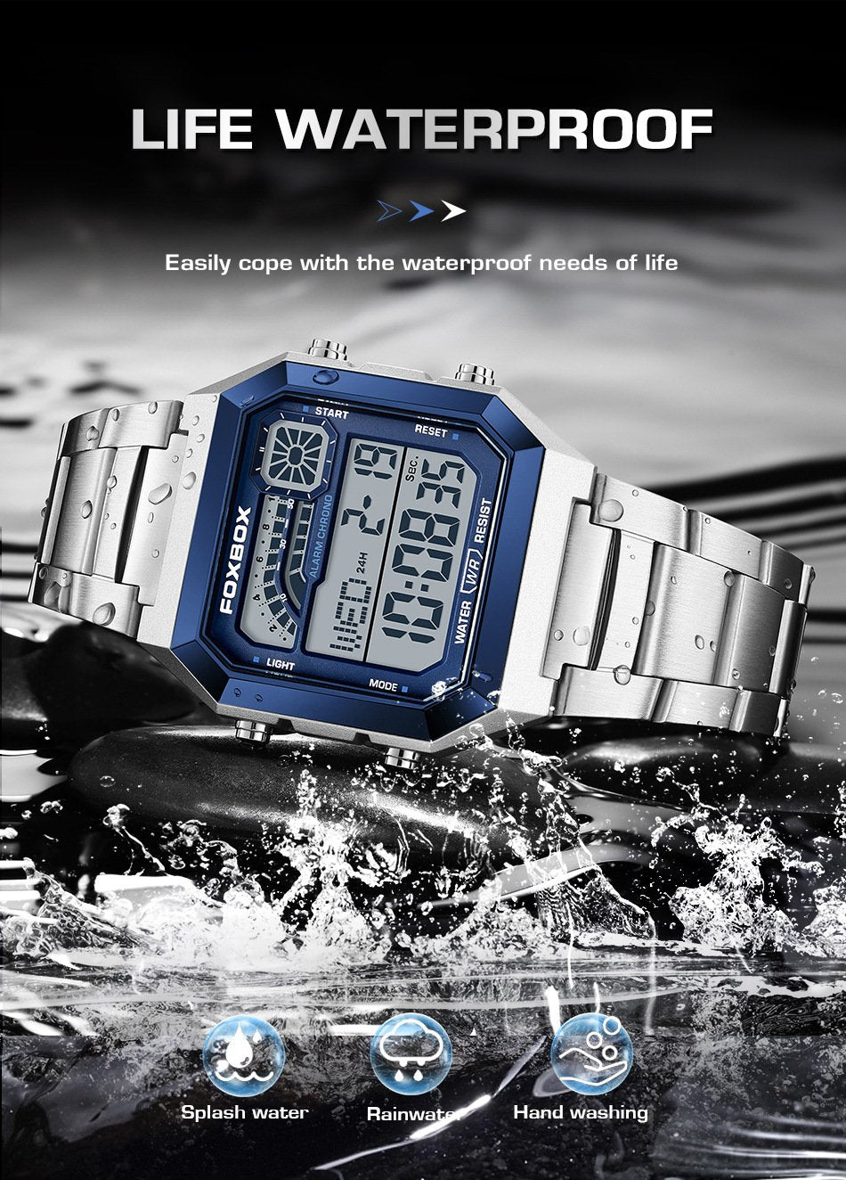 Square waterproof electronic watch for men and women