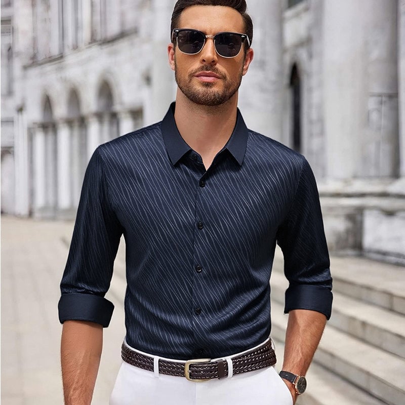 Men's Classic Relaxed Long-Sleeve Shirt - Versatile Solid Color Button-Down for Work & Leisure