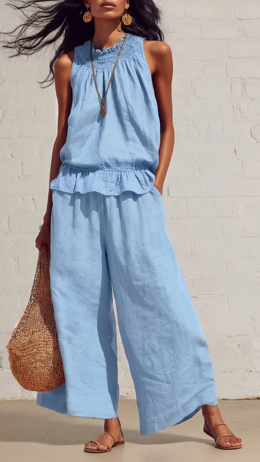 🌾 THE COTTON LINEN BOHO DUO: RUFFLED TOP + WIDE LEG PANTS — YOUR MOST COMFORTABLE SUMMER SET 🌾