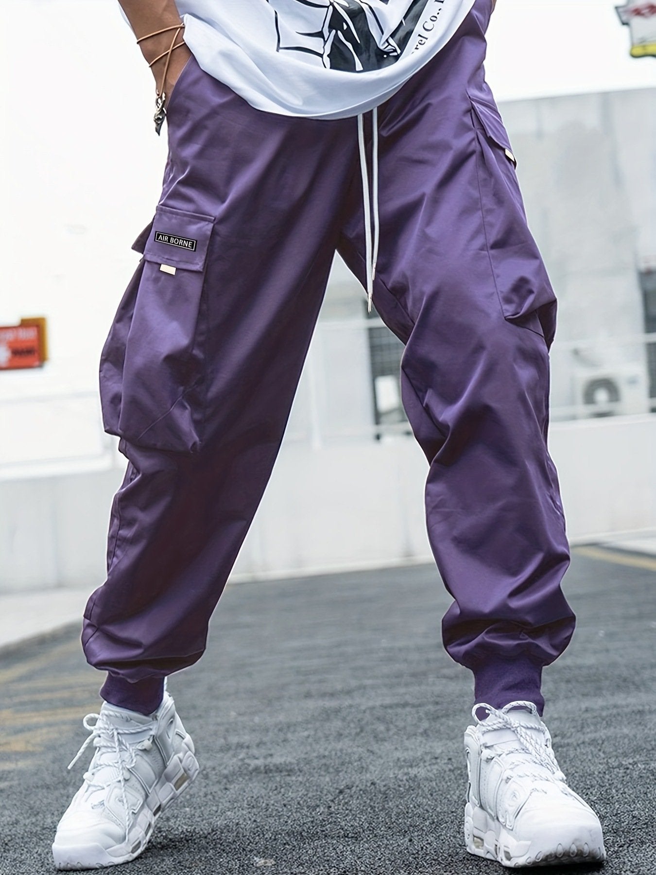 Men's Letter Patch Cargo Pants - Loose Fit Drawstring Elastic Waist Trousers with Slant Pockets, Summer Casual Streetwear