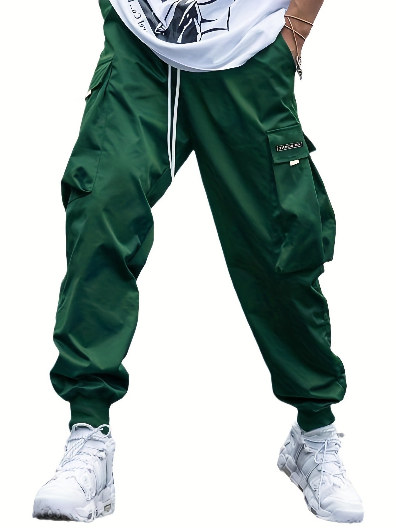 Men's Letter Patch Cargo Pants - Loose Fit Drawstring Elastic Waist Trousers with Slant Pockets, Summer Casual Streetwear