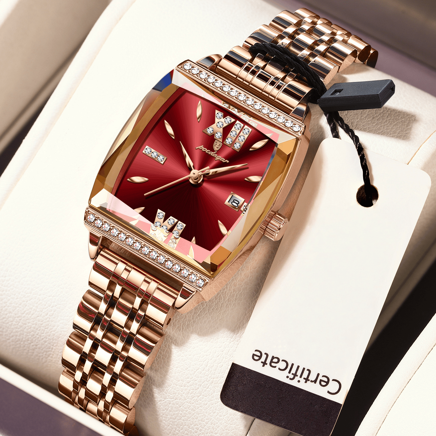 Diamond-set square ladies' water-resistant watch