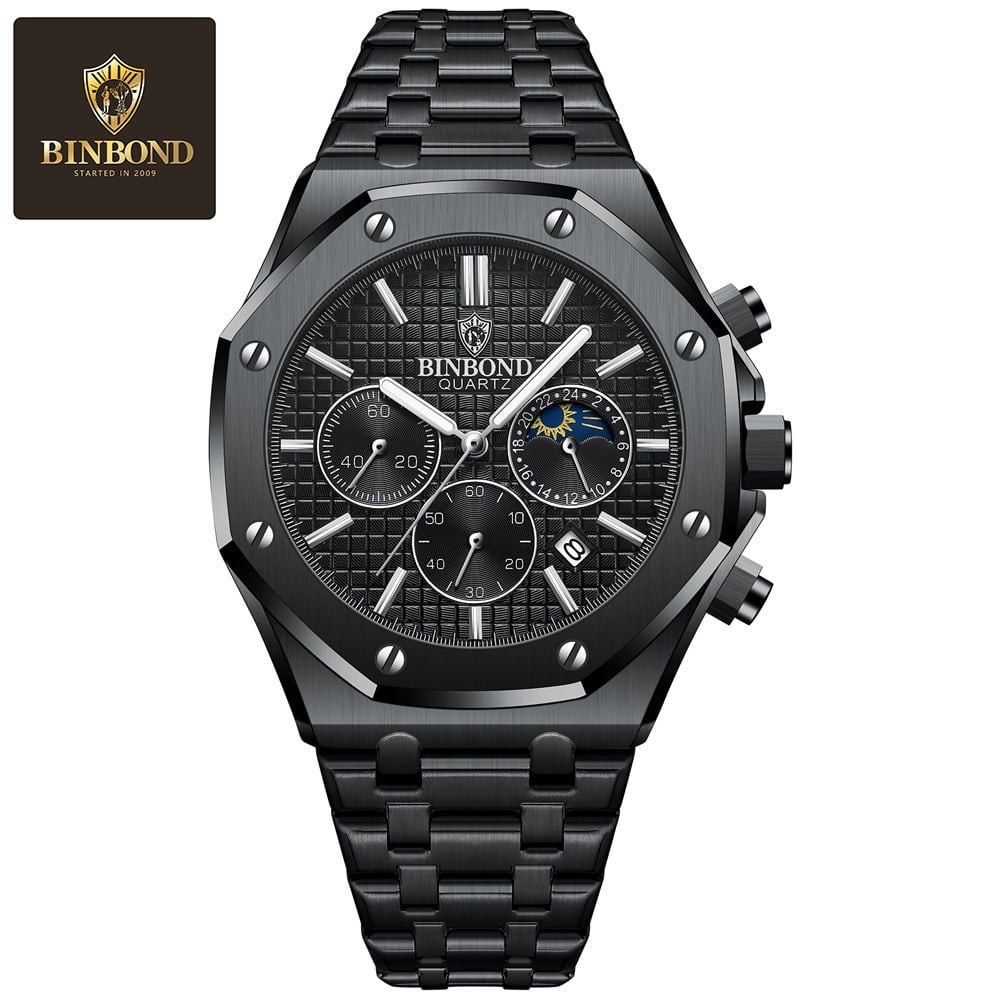 Three-Dial, Six-Hand Multifunction Moon Phase Men's Steel-Strap Watch