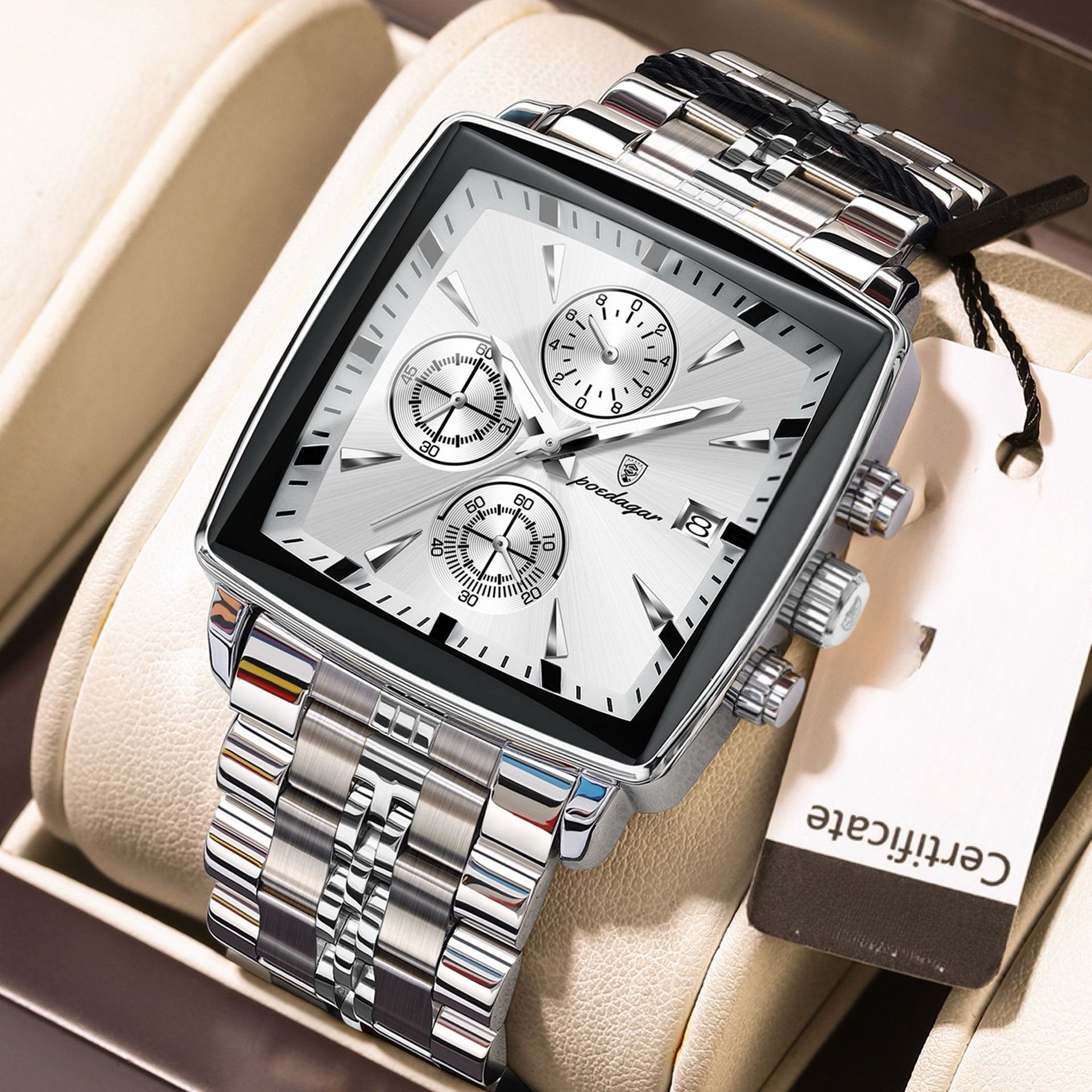 Men's Multifunctional Square Business Steel Band Quartz Watch