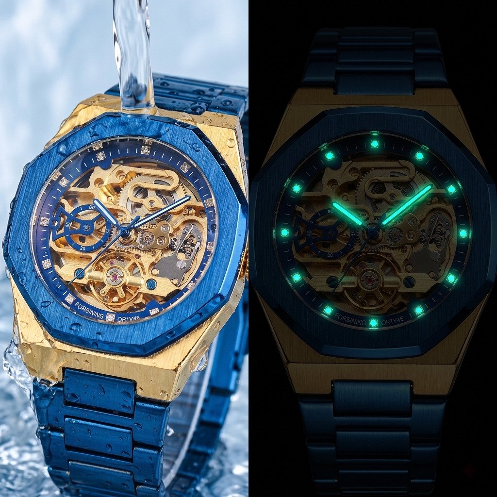 Men's Fully Automatic Mechanical Watch with Luminous Dial, Three Sub-dials, Six Hands, and Steel Bracelet