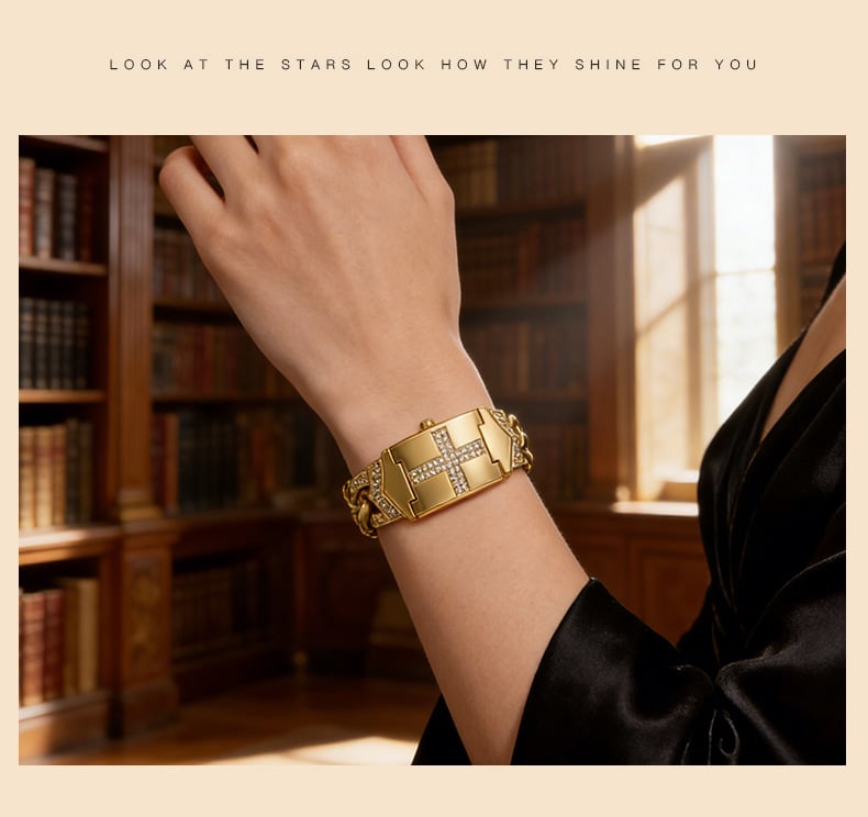 Women's Diamond-Set Cross-Shaped Flap-Style Gold Water-Resistant Wristwatch