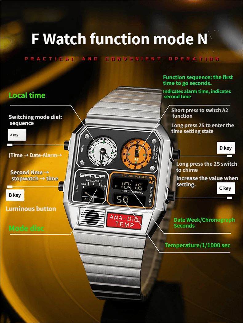 Multifunctional Men's Retro Square Waterproof Digital Watch with Thermometer and Timer