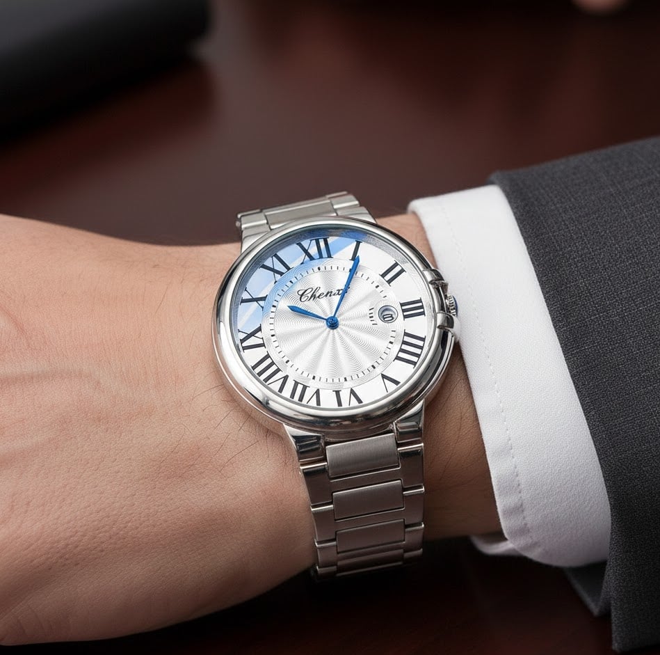 Calendar Blue-Handed Steel Bracelet Watch Water-Resistant Timepiece