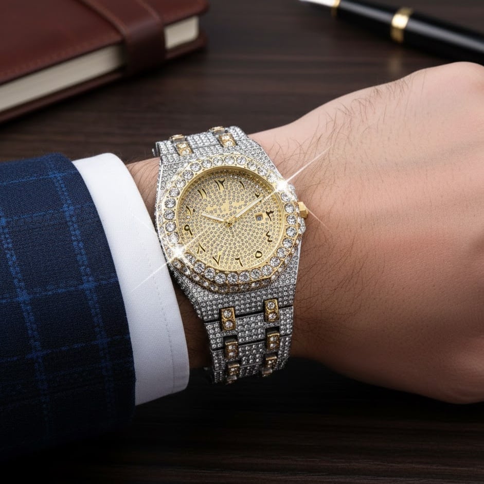 Men's Ice-Surface Watch Gold-Plated Hip-Hop Party Quartz Timepiece