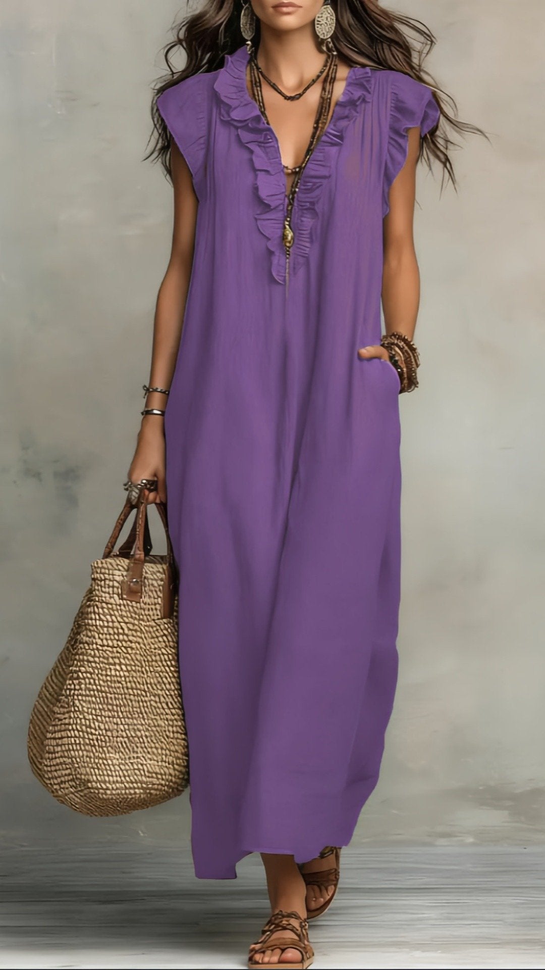 🌸 THE BOHO WANDERER MAXI: V‐NECK, RUFFLE HEM, SLEEVELESS – YOUR NEW HOLIDAY ESSENTIAL 🌸