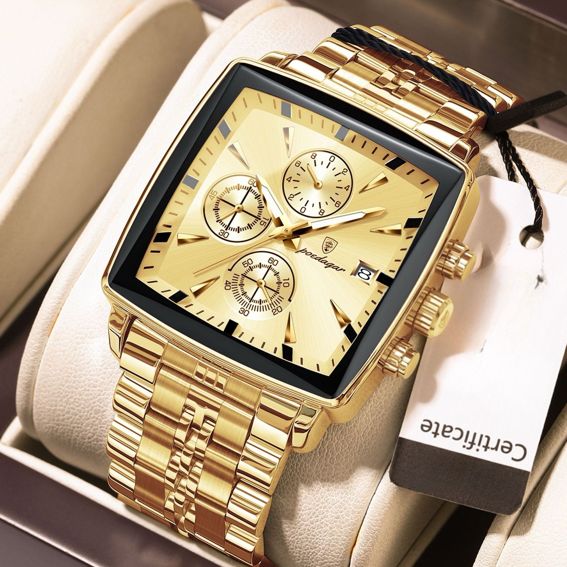 Men's Multifunctional Square Business Steel Band Quartz Watch