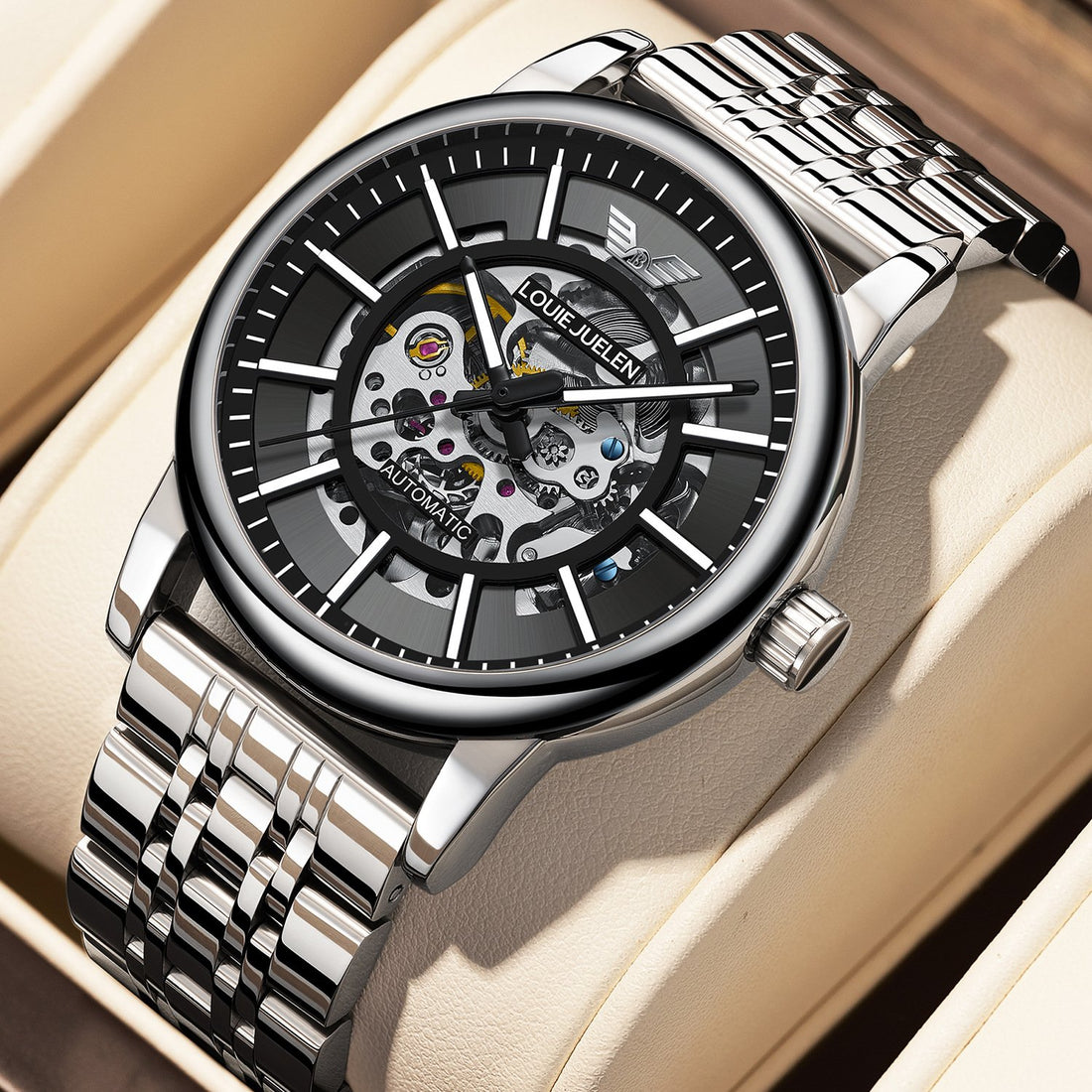 Men's Steel Strap Mechanical Watch with Skeletonised Movement and Luminescent Features