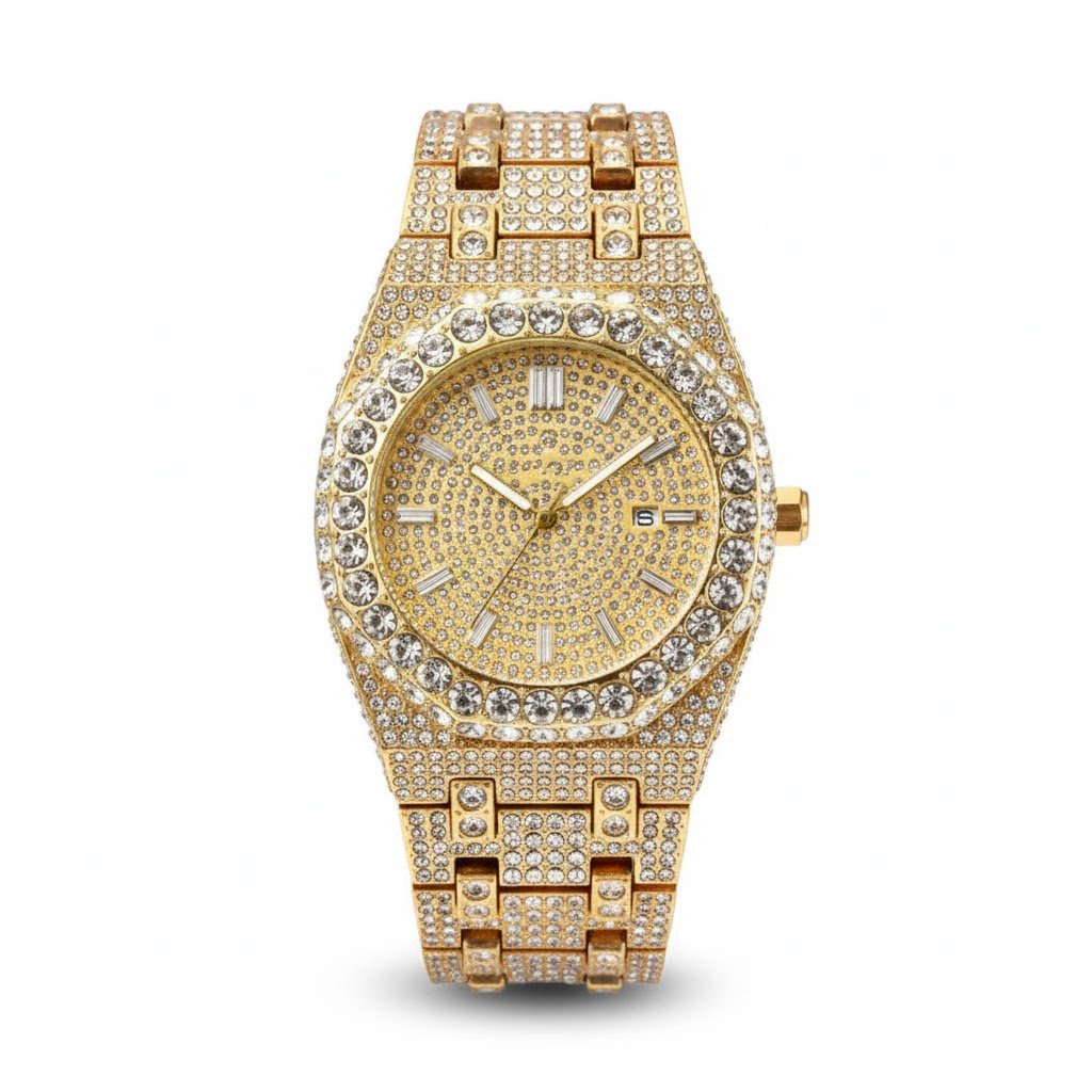 Men's Ice-Surface Watch Gold-Plated Hip-Hop Party Quartz Timepiece