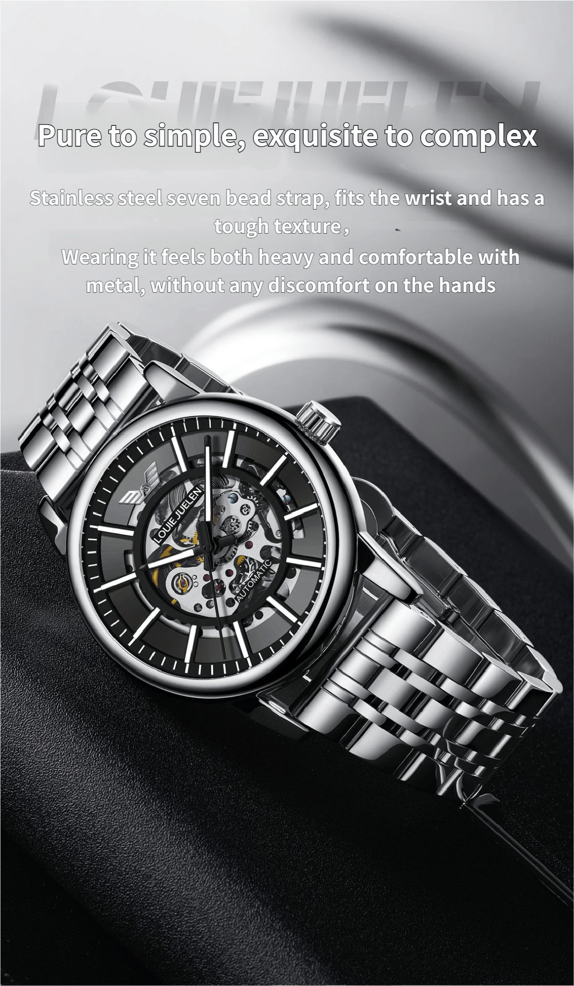 Men's Steel Strap Mechanical Watch with Skeletonised Movement and Luminescent Features