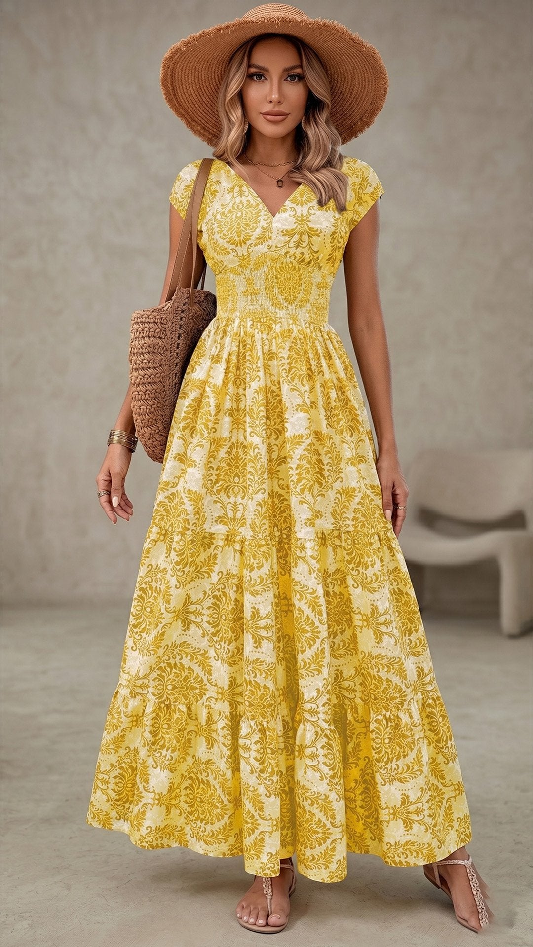 🌸 THE BOHEMIAN BLOOM MAXI: V-NECK, SHIRRED WAIST, ALL-OVER PRINT — YOUR SUMMER HOLIDAY DREAM DRESS 🌸