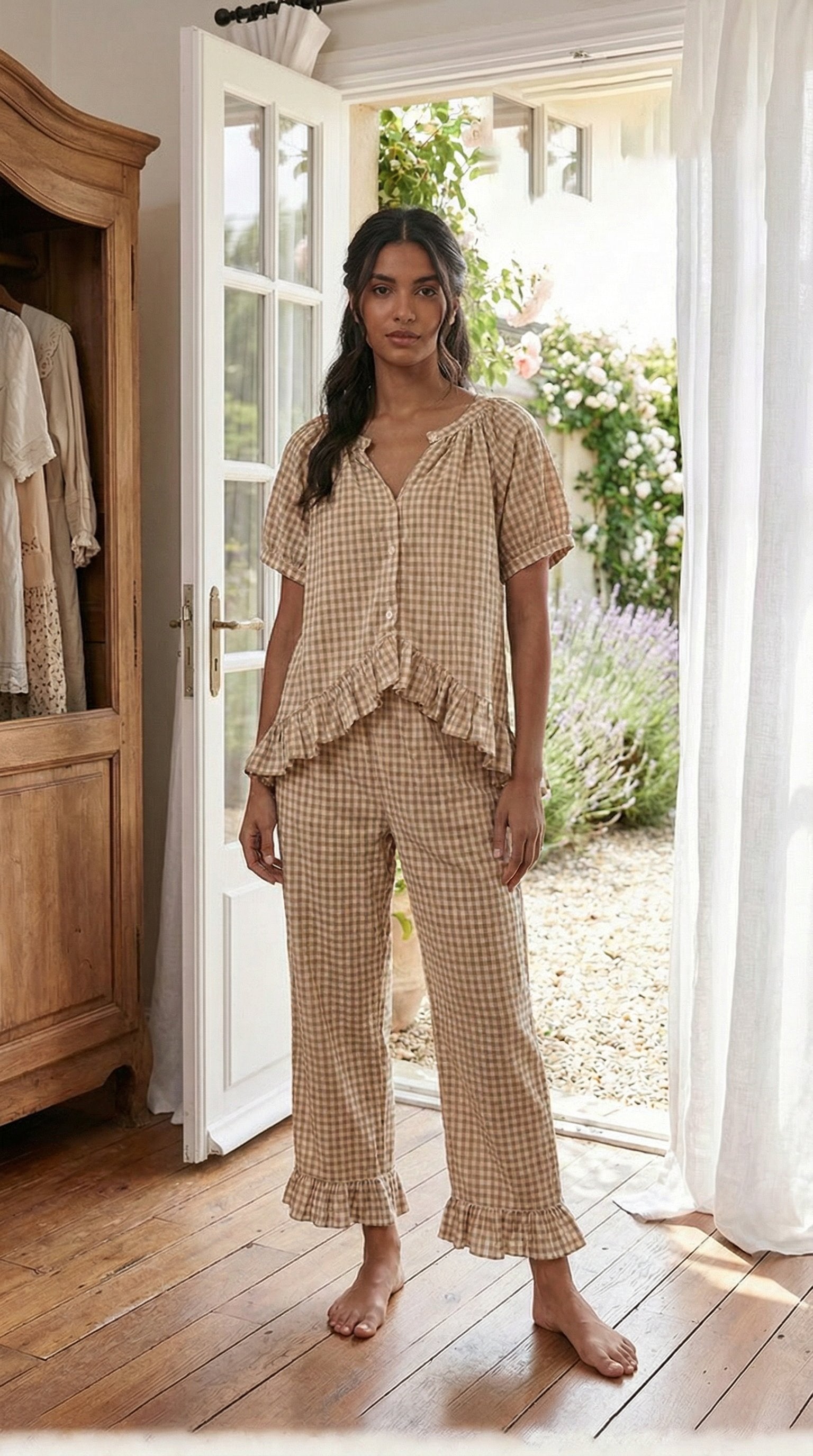 🎀 THE GINGHAM LOUNGE SET: Y2K VIBES, RUFFLED EDGES, BELL BOTTOM DRAMA 🎀