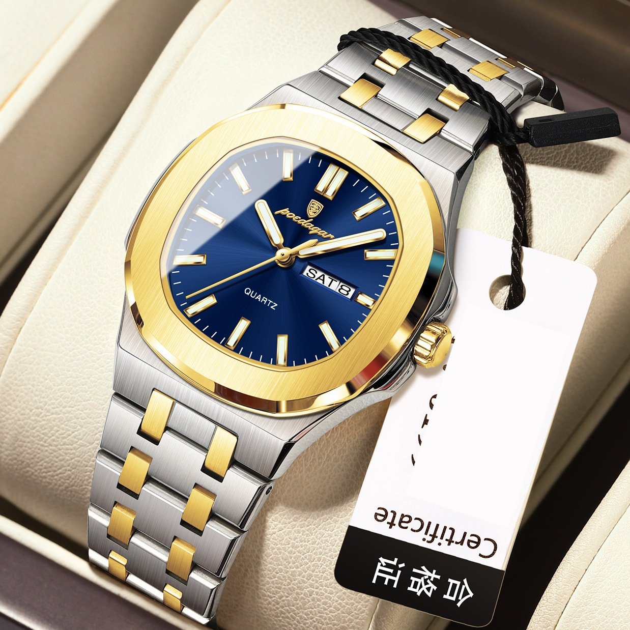 Square Quartz Watch with Water Resistance and Luminous Feature