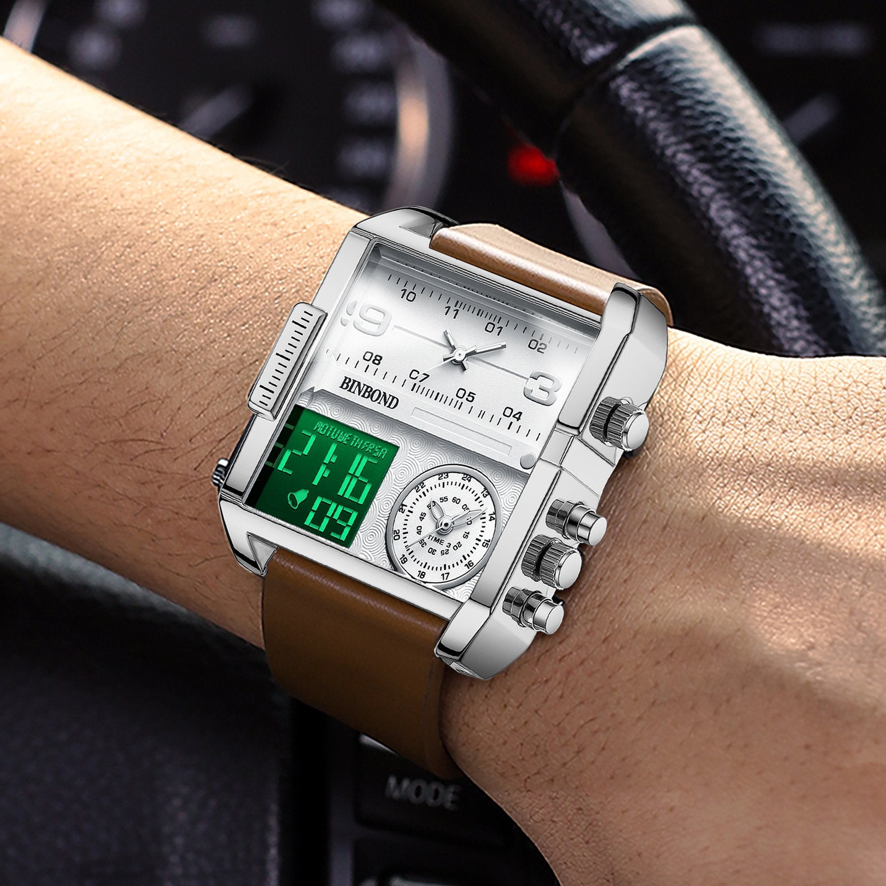 Men's Square Large-Dial Triple-Hand Quartz Watch