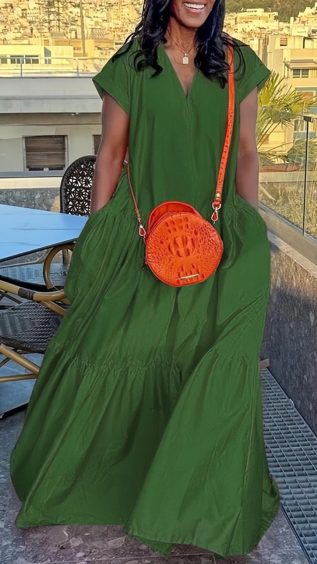 🌞 THE PLEATED POCKET MAXI: LOOSE, SLIT V-NECK, SHORT SLEEVES — YOUR NEW FAVOURITE SUMMER BASIC 🌞