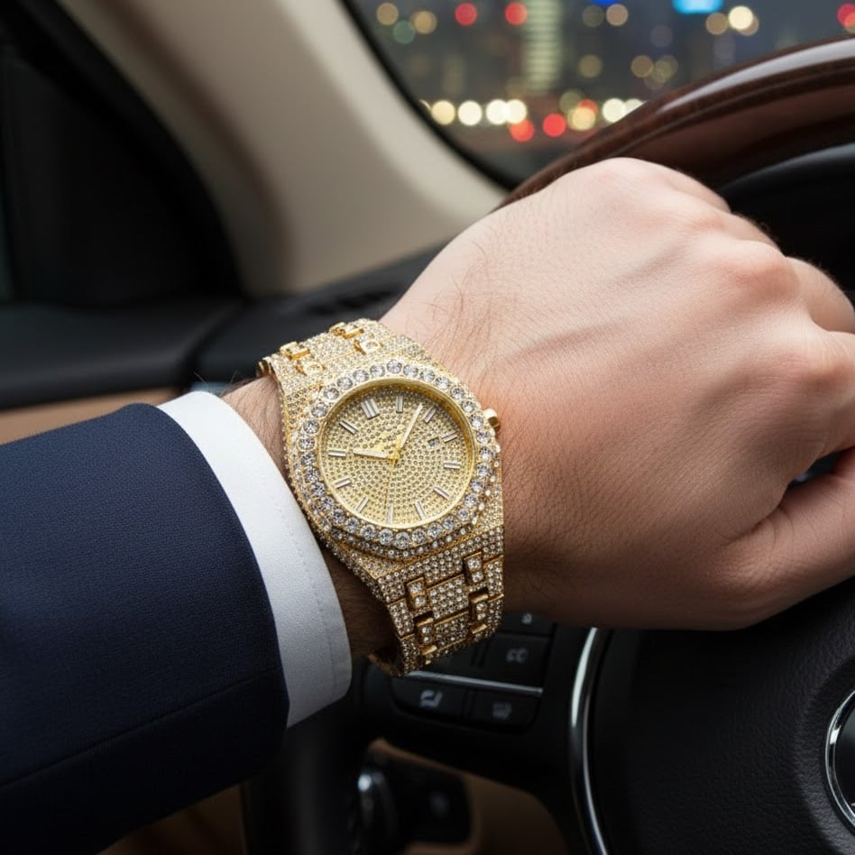 Men's Ice-Surface Watch Gold-Plated Hip-Hop Party Quartz Timepiece
