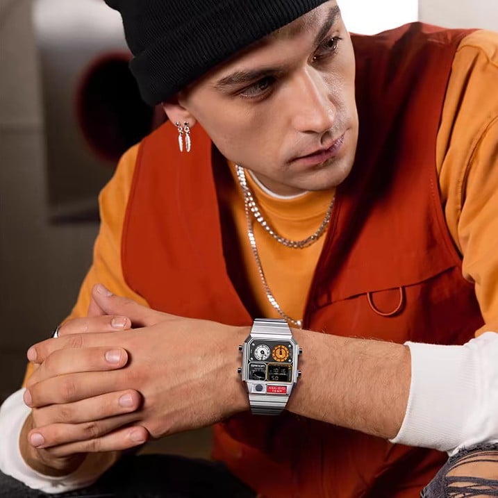 Multifunctional Men's Retro Square Waterproof Digital Watch with Thermometer and Timer