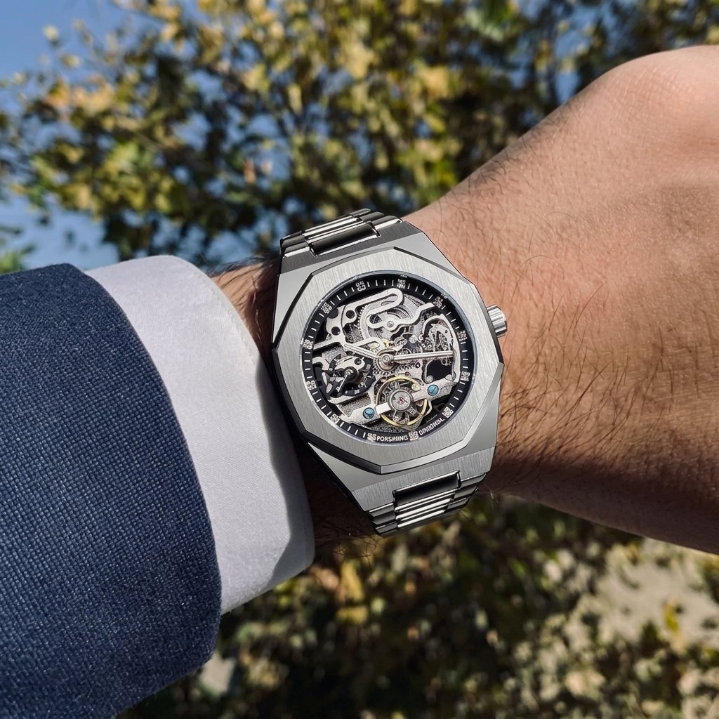 Men's Fully Automatic Mechanical Watch with Luminous Dial, Three Sub-dials, Six Hands, and Steel Bracelet