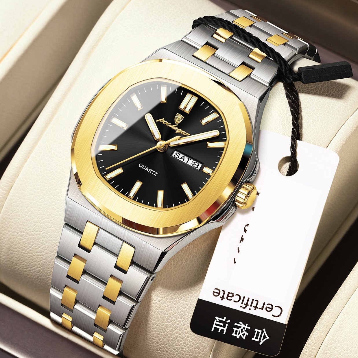 Square Quartz Watch with Water Resistance and Luminous Feature