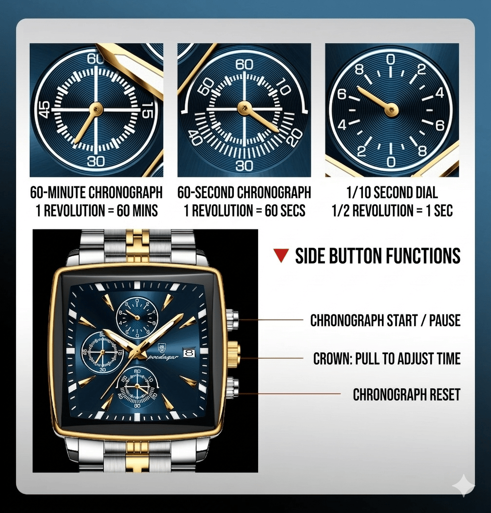 Men's Multifunctional Square Business Steel Band Quartz Watch