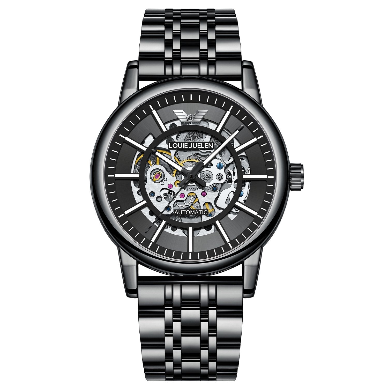 Men's Steel Strap Mechanical Watch with Skeletonised Movement and Luminescent Features