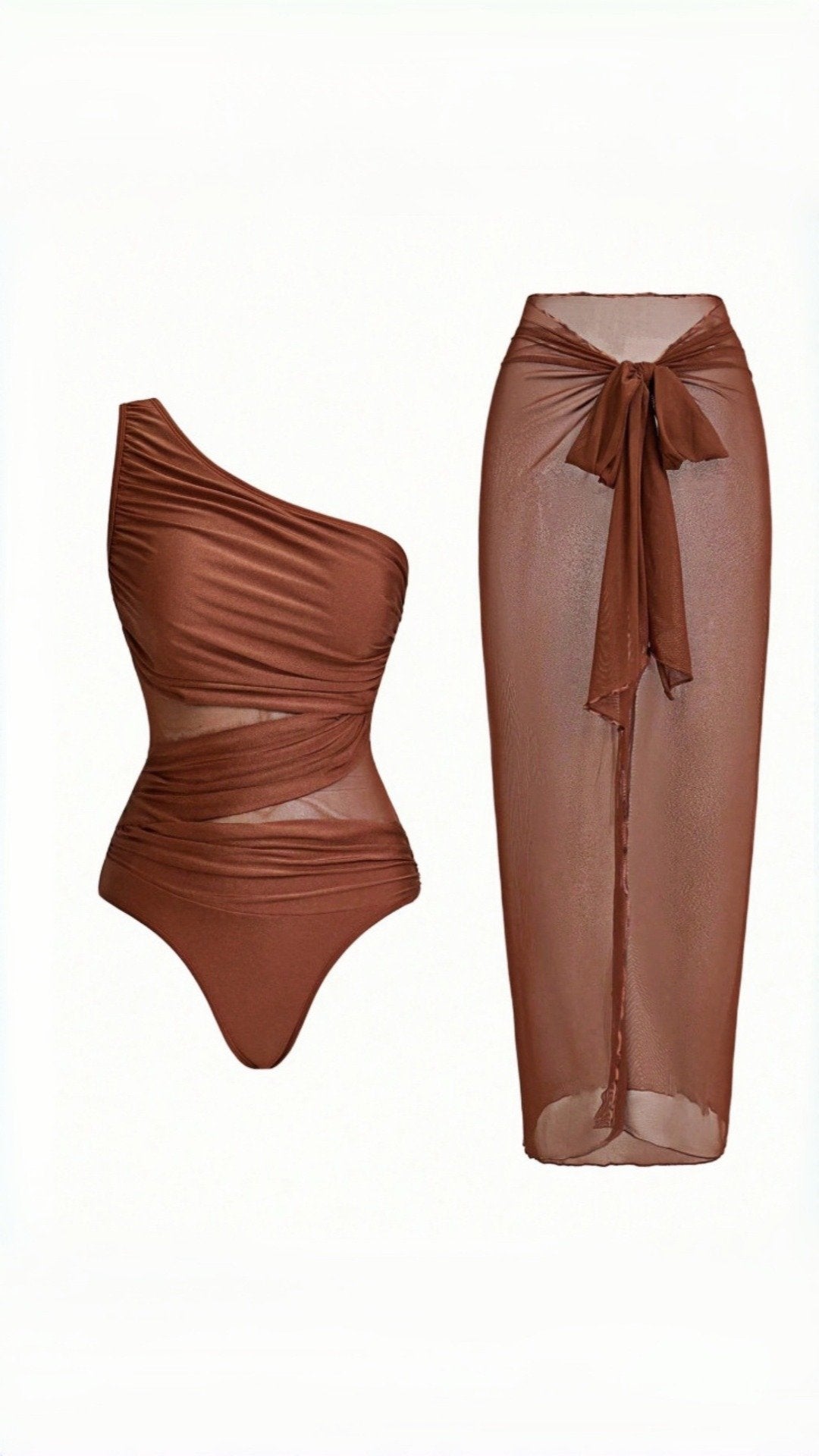 🔥 THE CUTOUT & SARONG SET: ONE-SHOULDER SWIMSUIT + SHEER MESH SKIRT — YOUR MOST DRAMATIC BEACH ENTRANCE 🔥